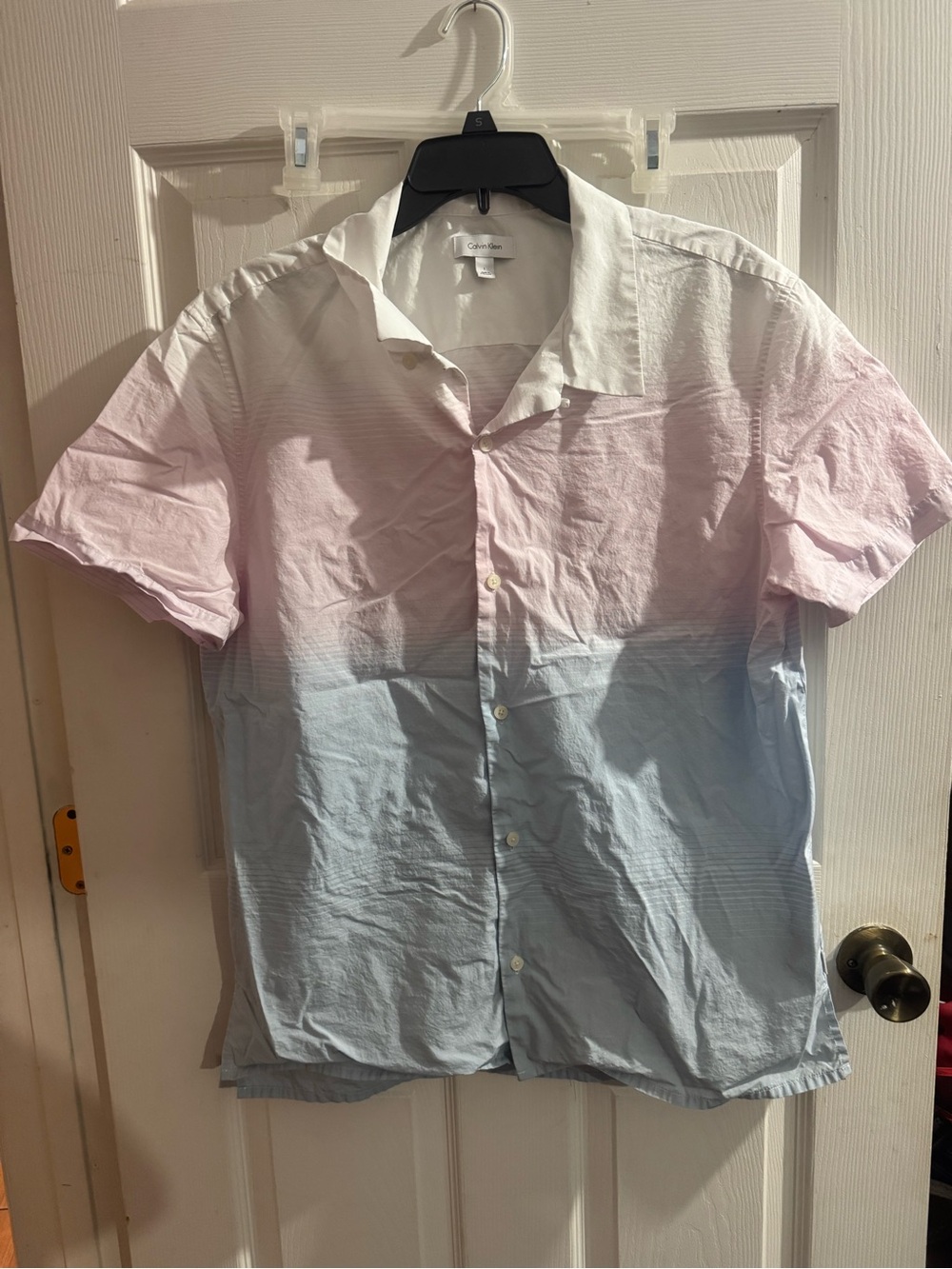 Calvin Klein White to Pink to Light Blue Ombre Short Sleeve Button-Down Shirt